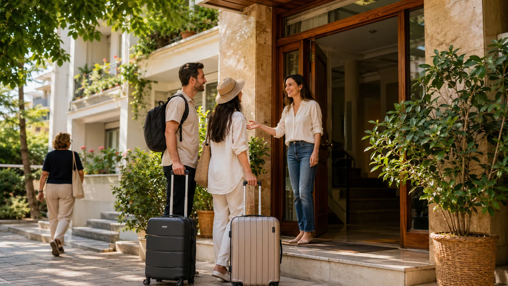 Kısa süreli kiralamayı temsil eden apartman, anahtar ve küçük seyahat valizi.